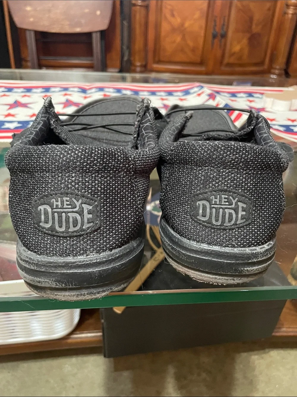 **Fairly worn** Hey Dude Black Knit Slip-On Loafers with Elastic Lacing
